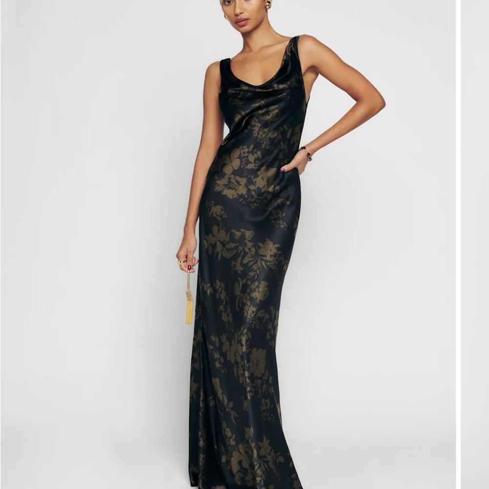 Reformation Annabelle silk Black, Brown Floral dress cowl neckline gown.